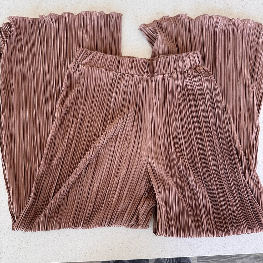 Pleated Wide-Leg Pants in beige tan satin